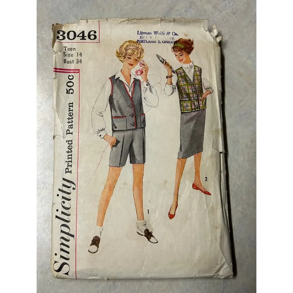 Vintage 50's-60's Simplicity Pattern #3046 Teen Jacket, Shorts and Skirt Size 14